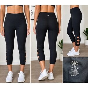 Gaiam Leggings‎ Lattice Strappy Detail Black Athletic Yoga Crop Small